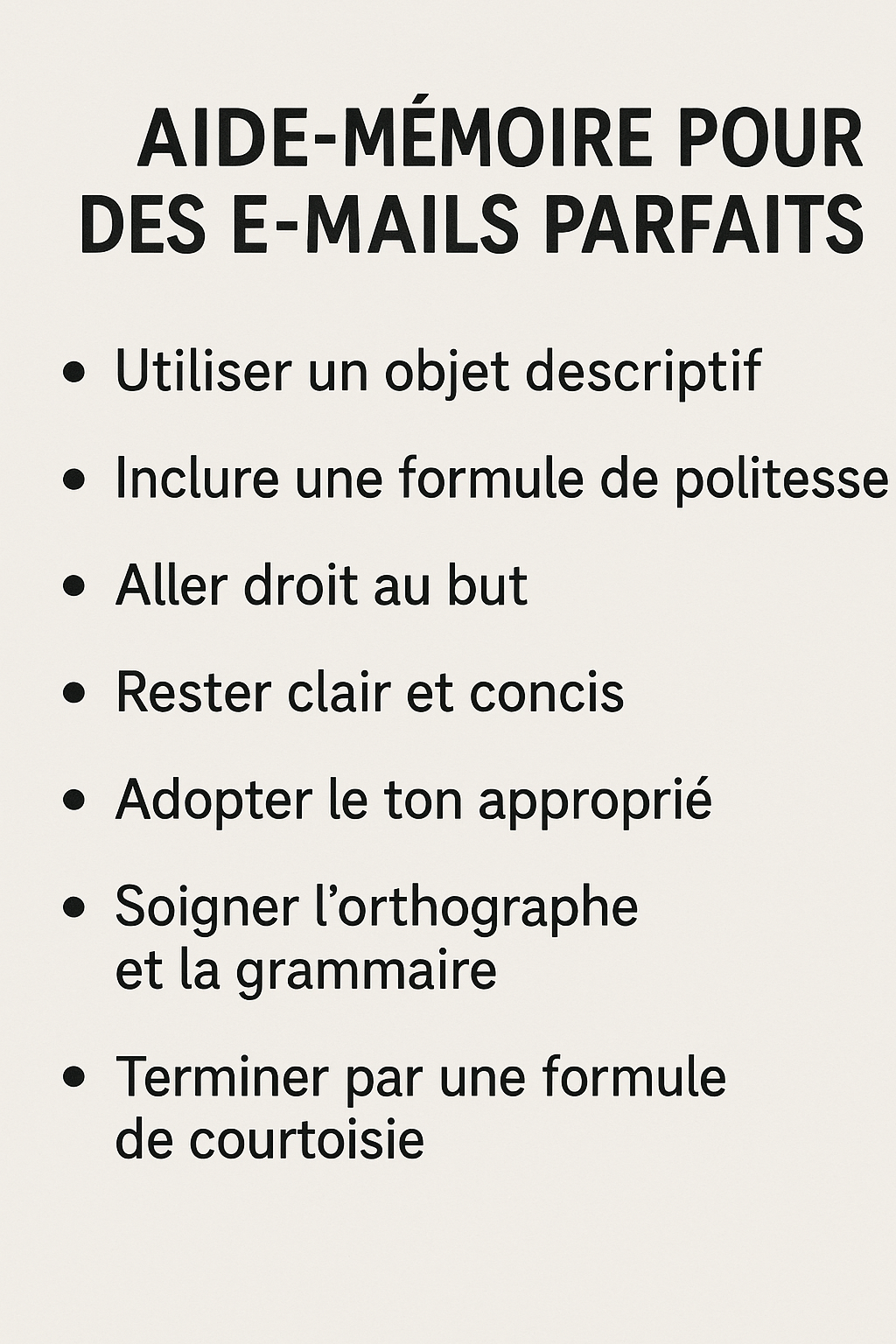 Aide-mémoire visuel pour réussir ses e-mails professionnels en anglais : structure, ton et expressions clés.