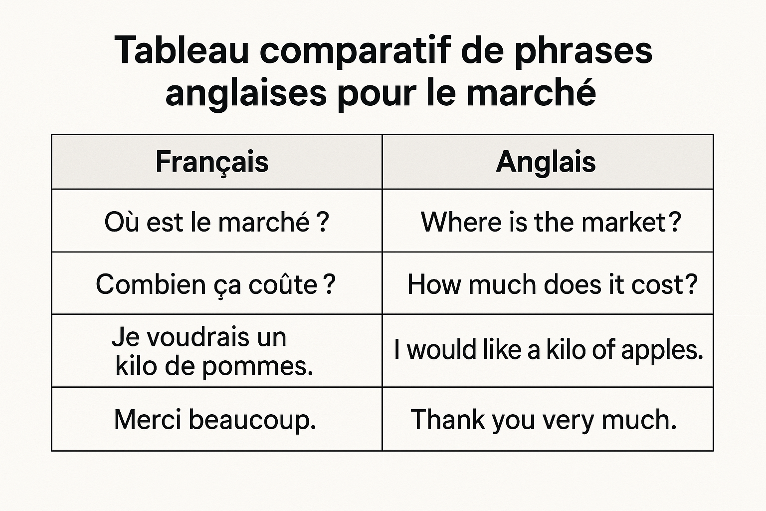Tableau de vocabulaire anglais pour faire ses courses au Marché des Halles de Pau.